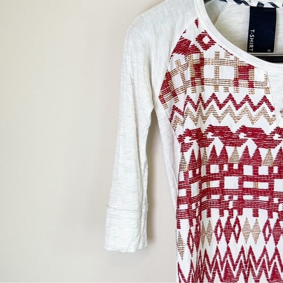 Anthropologie Dolan T-Shirt Aztec Embroidered Red Bronze Woven XS - Picture 2 of 6